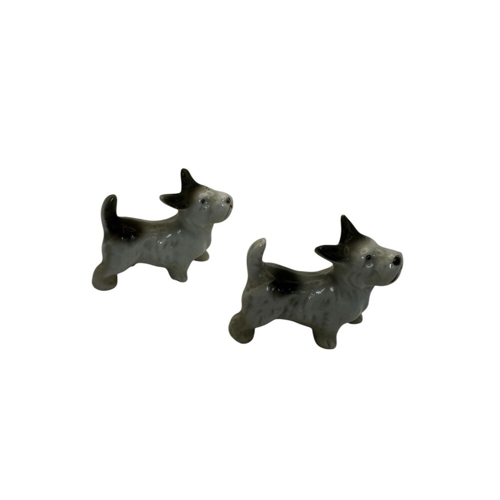 Vintage Scottie Dog Figurines Japan Porcelain Terrier Black White Mini Set 2